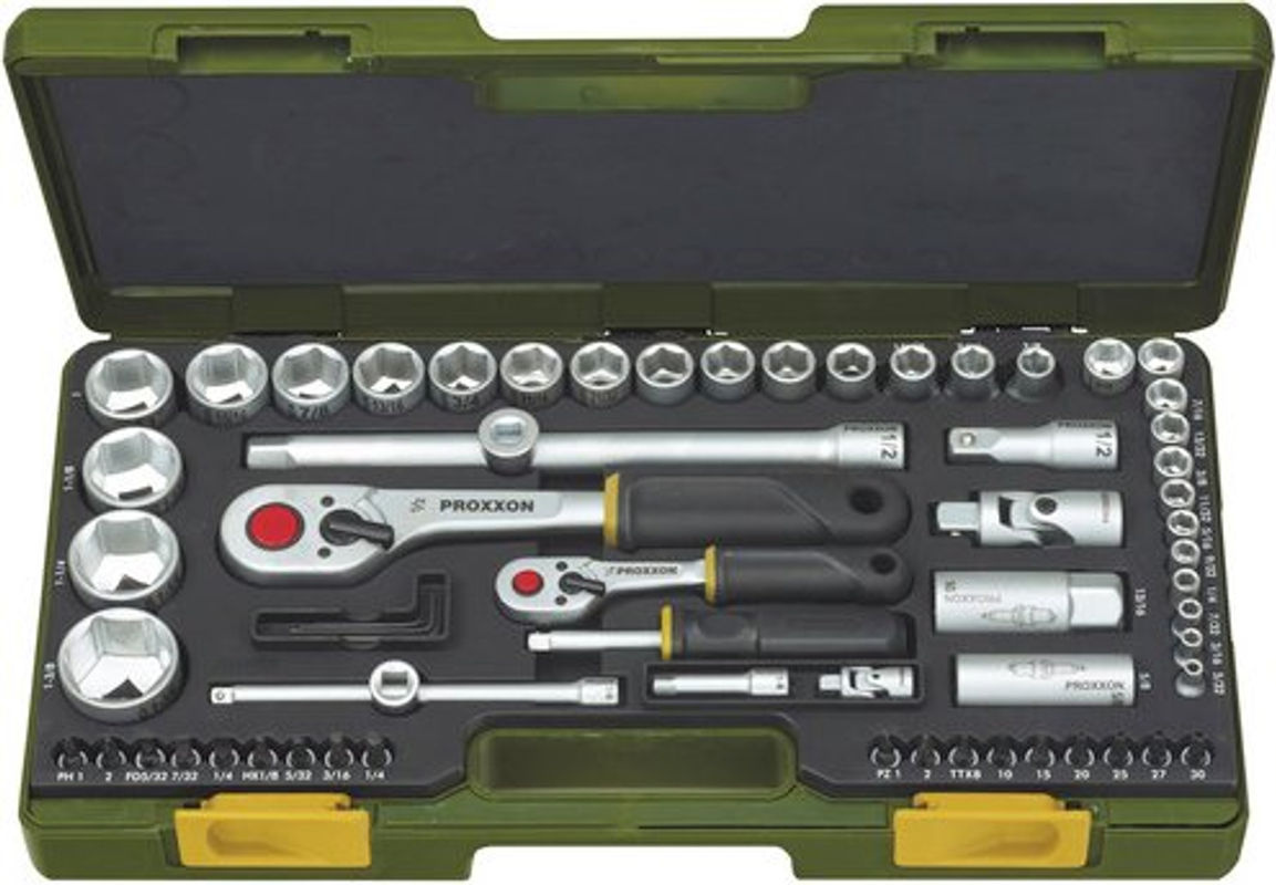 Proxxon Steckschlüsselsatz Industrial 65-teilig aus Stahl in Grün und Silber für zöllige Schraubengrößen mit 1/4 Zoll Antrieb - Bild 2