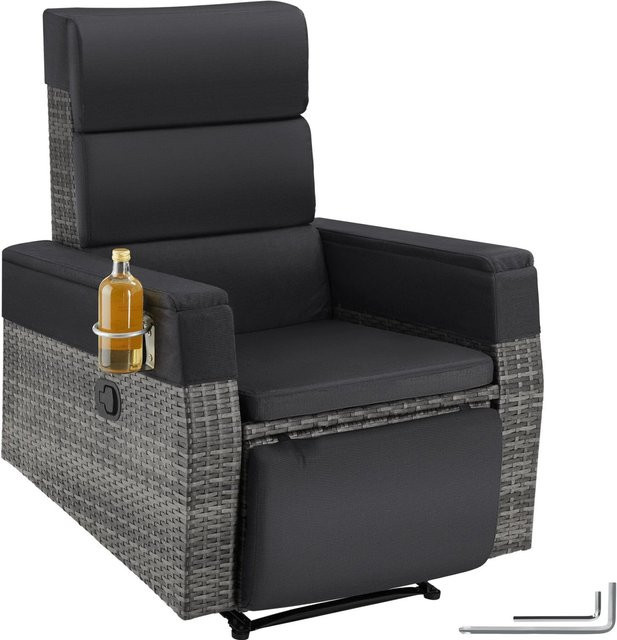 Tectake Pacentro Aluminium Rattansessel in Grau mit verstellbarer Rückenlehne, Fußablage und Getränkehalter, B/T/H: 80 x 157 x 97 cm - Bild 1