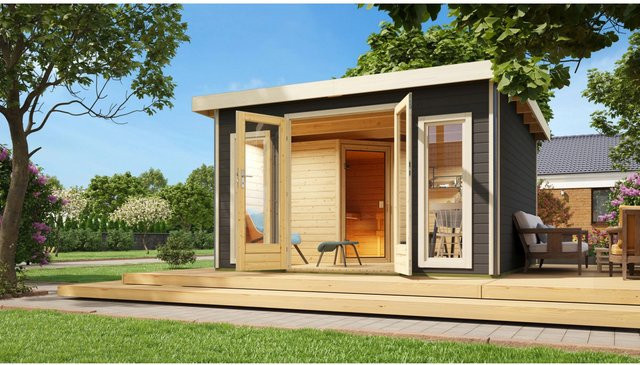Karibu Saunahaus Magnus 3 Set in Terragrau aus nordischer Fichte - Bild 1