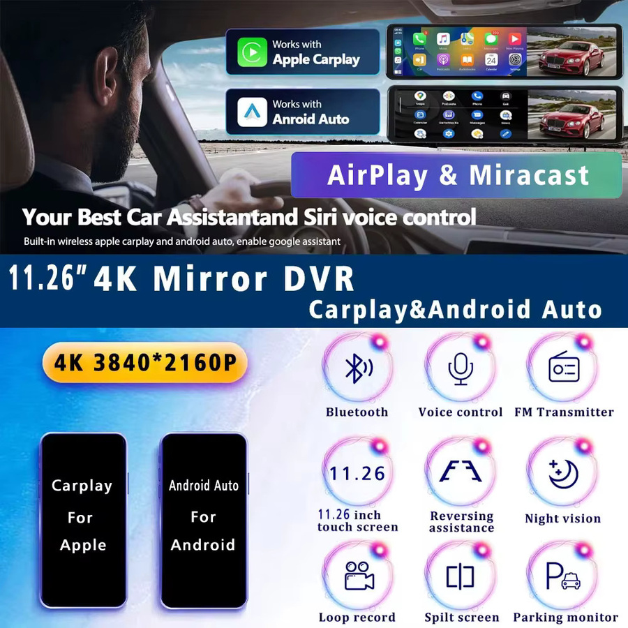 Maxtoss 11,26 Zoll 4K Dashcam mit Carplay und Android Auto, Dual Objektiv DVR mit Wifi, GPS, Bluetooth und FM-Transmitter, Schwarz - Bild 2