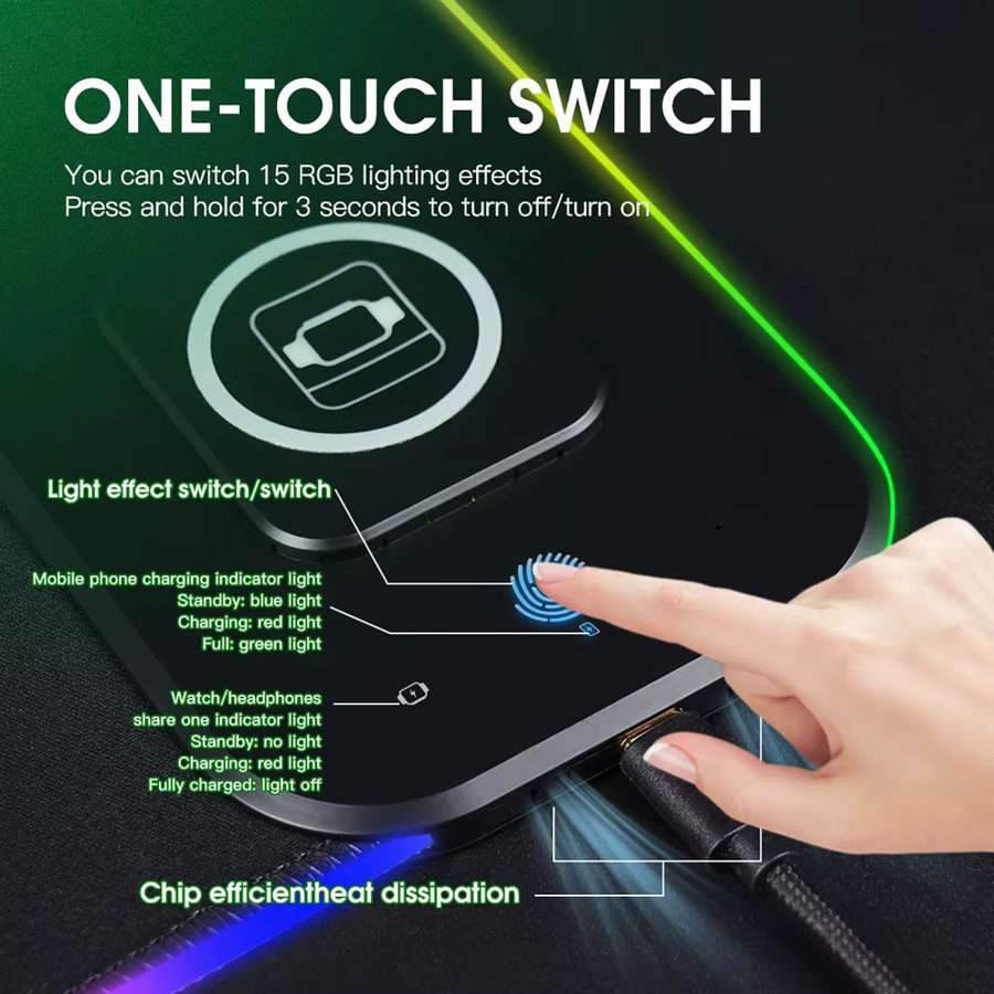 3-in-1 Gaming-Mauspad mit RGB-Beleuchtung und magnetischer kabelloser Ladefunktion für Smartphone, Uhr und Kopfhörer, Schwarz, B/T: 80 x 30 cm - Bild 4