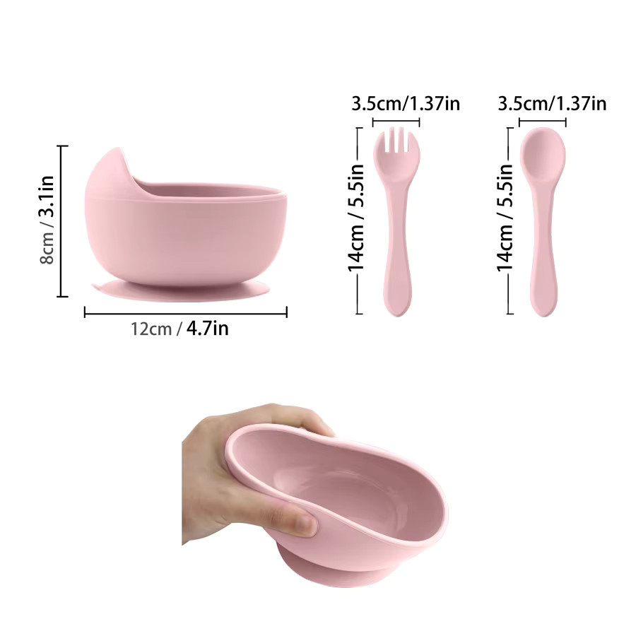 3er Set Baby Silikon Sauggeschirr mit Löffel und Gabel in Pink, ergonomisches Trainingsset für Kinder - Bild 3
