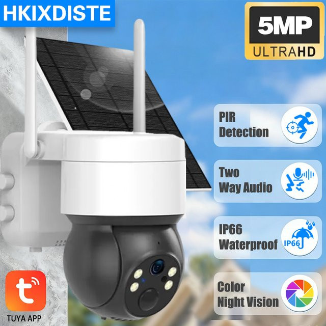 Tuya Smart WiFi Solar Außenkamera mit 5MP Auflösung, Batteriebetrieben, PTZ, Farbe Nachtsicht und PIR Bewegungserkennung, Weiß - Bild 1