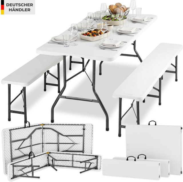 tectake Campingtischgarnitur Panja klappbar aus Kunststoff in Weiß B/T/H: 150 x 74 x 74 cm - Bild 1