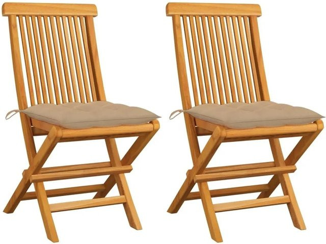 vidaXL Gartenstühle aus Teakholz mit beigen Kissen, 2er Set - Bild 1