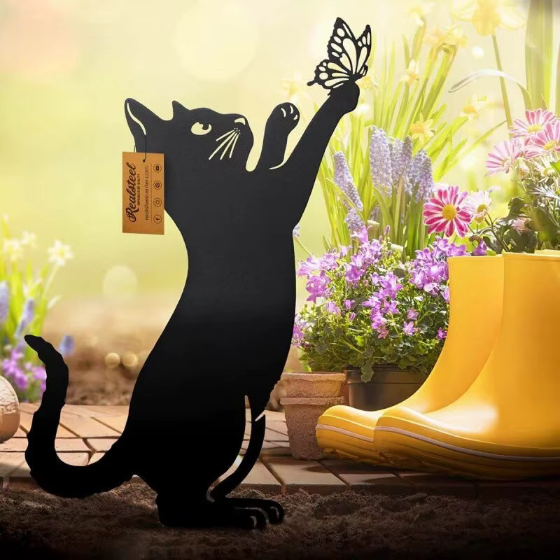 Dekorative Katzen-Gartenfigur aus Metall in Schwarz als Bodenpfahl für Garten und Balkon - Bild 3