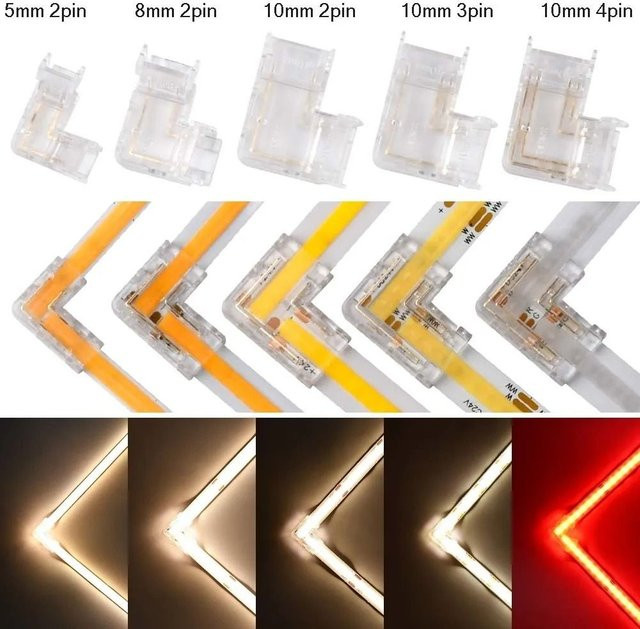 MJJC COB LED-Verbinder 90 Grad L-Form Ecke für CCT FCOB RGB Lichtstreifen, lötfreier Streifen-zu-Streifen Verbinder in Transparent, erhältlich für 5mm, 8mm oder 10mm Breite mit 2, 3 oder 4 Pin - Bild 1