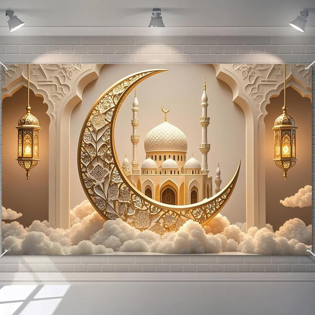 VIKAMA Ramadan Dekoration Goldener Islamischer Halbmond Banner als Hängende Dekoration für Eid al Fitr und Muslimische Heimdekoration - Bild 1