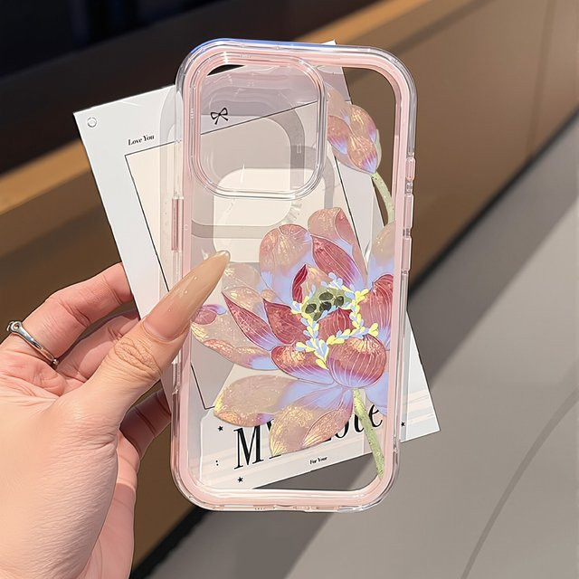 Caynes Shockproof Handyhülle aus transparentem TPU mit rosa Lotus-Design für iPhone Modelle - Bild 1