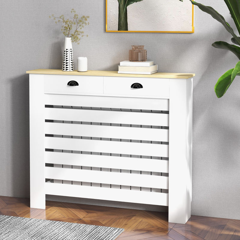 HOMCOM Heizkörperverkleidung aus Holz mit 2 Schubladen und horizontalem Lamellengitter, Weiß, B/T/H: 111 x 19 x 95,5 cm - Bild 2