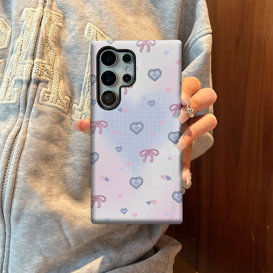 Glänzende doppelschichtige Rückabdeckung mit rosa-blauen Herzschleifen für Samsung Galaxy S25 Ultra, S24 und S23 Ultra Plus - Bild 4