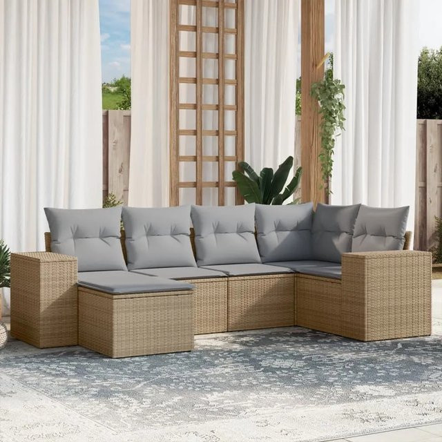 vidaXL 6-tlg Garten-Sofagarnitur in L-Form aus Poly-Rattan mit Kissen in Beige und Hellgrau - Bild 1