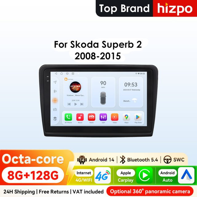 Hizpo 2Din Autoradio mit 10,1 Zoll Display für Skoda Superb 2 B6 2008 - 2015 mit CarPlay, Android Auto, Snapdragon 6115, GPS, Bluetooth, 4G und 360 Grad Kamera in Schwarz - Bild 1