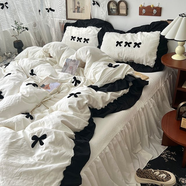 Gooogos Bettwäsche Set Koreanischer Prinzessin Stil Kawaii Schwarz mit Schleife, 3-teilig, B/T/H: 150 x 200 cm - Bild 1