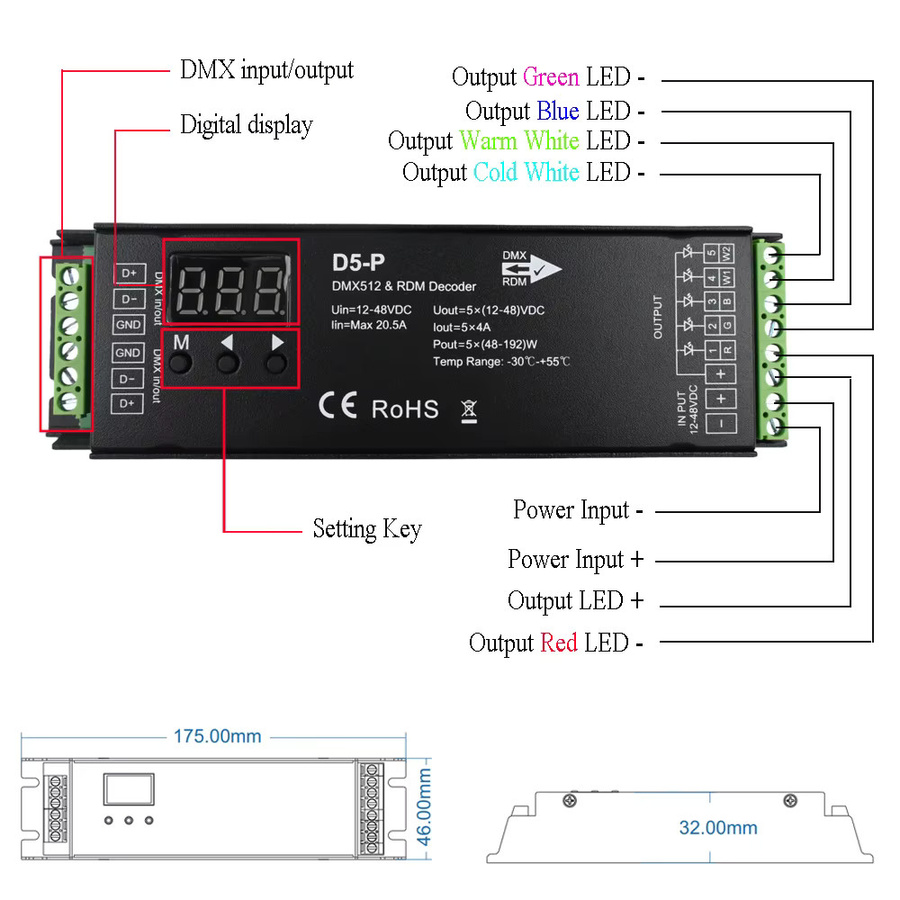 CENFAYA 5 Kanal DMX Decoder mit RDM Digitalanzeige, PWM RGB CCT LED Controller für 12V-48VDC, Schwarz - Bild 2