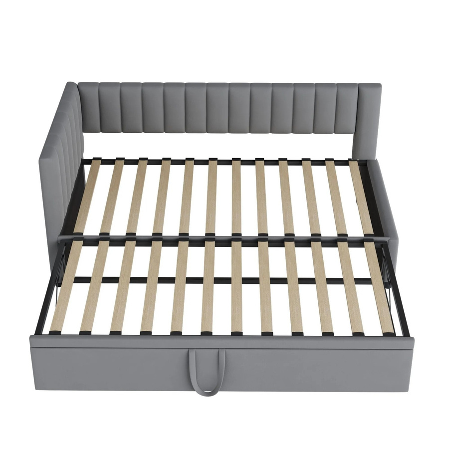 KOMHTOM L-förmiges Schlafsofa mit Ausziehbett aus Samt in Grau, platzsparendes Polsterbett mit Holzrahmen für Kinder oder Gäste, Maße: B/T/H: 90 x 200 x 75 cm (Ausziehfunktion auf 180 x 200 cm) - Bild 2