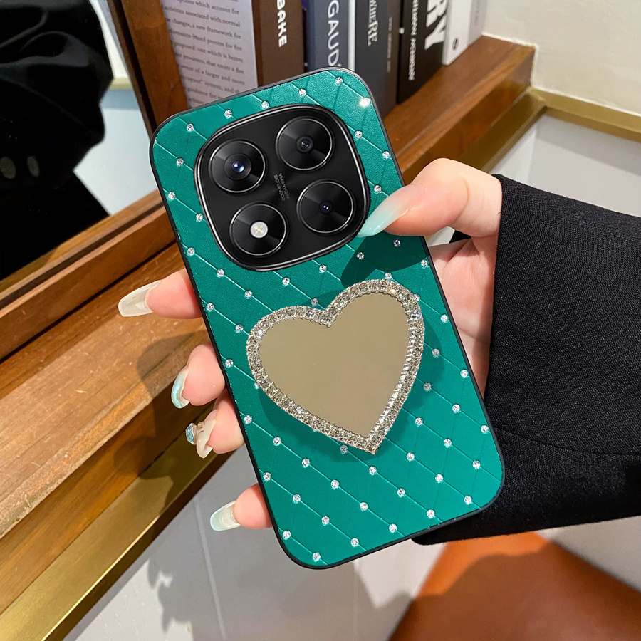Personalisierte Luxus-Handyhülle aus Kunstleder mit Diamantgitter und Herzspiegel für Xiaomi Redmi Note 14/15 Pro Plus (4G/5G) in Grün - Bild 3