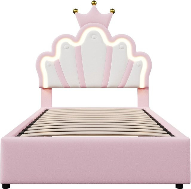 okwish Polsterbett in Kronenform für das Kinderzimmer mit LED-Unterbettbeleuchtung und Hydraulik-Lift, Farbe: Rosa, B/T/H: 91,5 x 204,5 x 133,0 cm - Bild 1