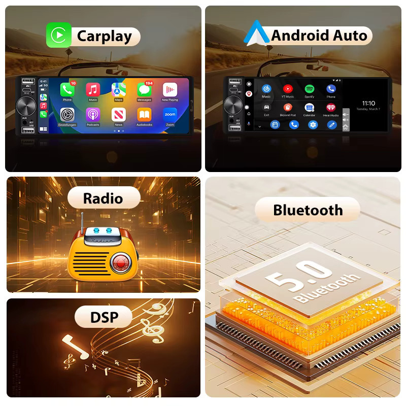 Junsun 1 Din Autoradio mit 6,86 Zoll HD-Bildschirm, kabelloses CarPlay und Android Auto, Bluetooth, USB Typ-C, Schwarz - Bild 3