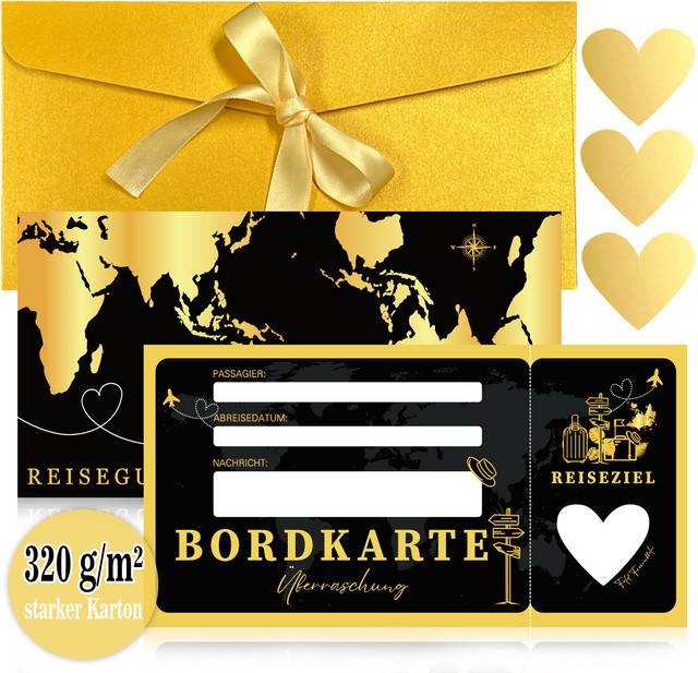 3er-Set Reisegutscheine in Schwarzgold als Bordpass-Überraschungsgeschenkset aus Papier - Bild 1