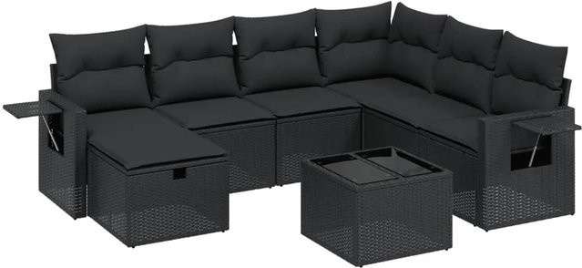 vidaXL 8-tlg Garten-Sofagarnitur in L-Form aus schwarzem Poly-Rattan mit wetterfesten Kissen und pulverbeschichtetem Stahlgestell - Bild 1
