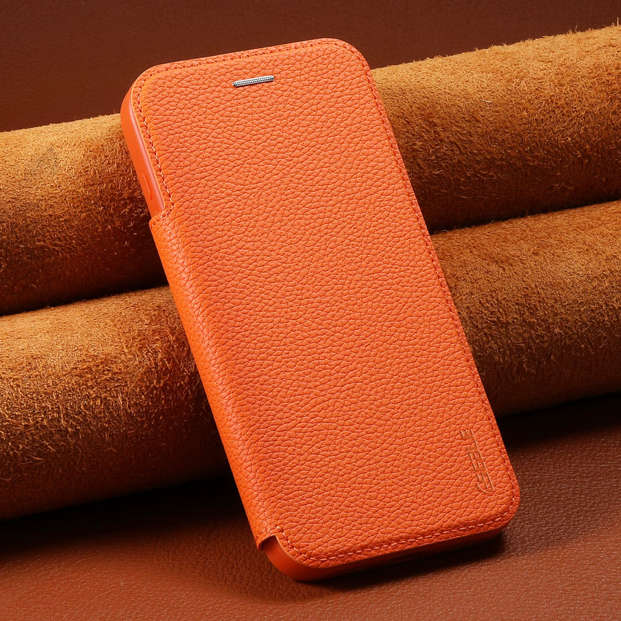 Apple iPhone 17 Pro Max Air Handyhülle aus Kunstleder mit Kartenhalter, Ständer und Magnetverschluss in Schwarz oder Orange - Bild 2