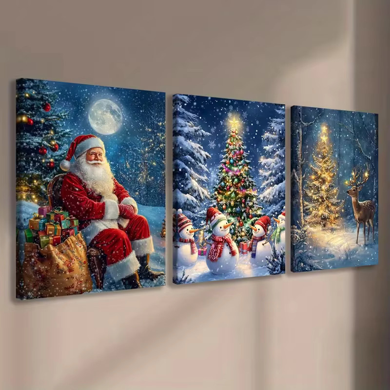 Beadslove 5D Mosaik Diamant Stickerei Weihnachtsmann und Rentier in Schneelandschaft, 3-Panel Set mit Rundbohrern, Mehrfarbig - Bild 2