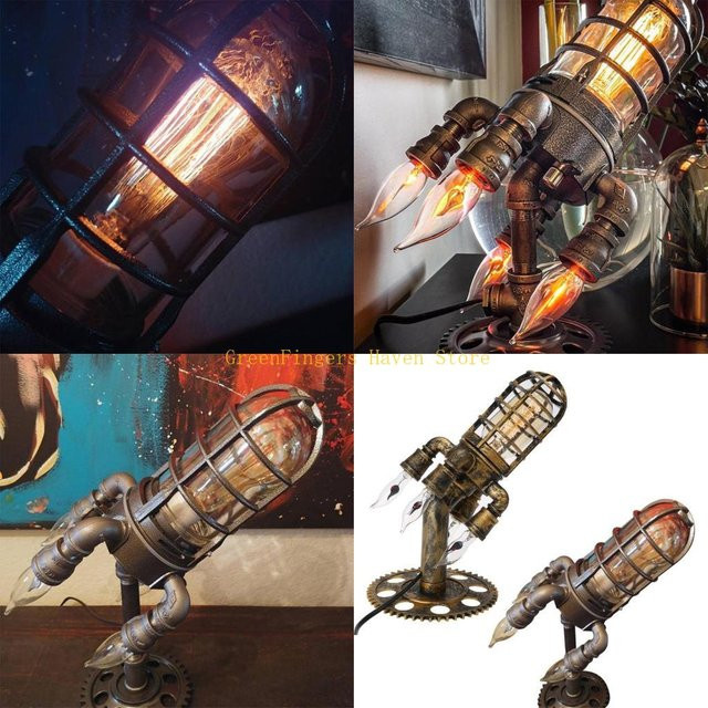 Retro Steampunk Rakete Nachtlicht als Desktop-Dekoration mit warmweißem Licht und Flammen-Effekt - Bild 1