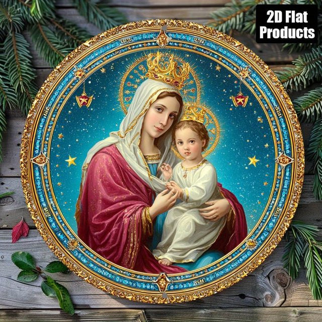 HELLOYOUNG Rundes Aluminium-Schild mit Jungfrau Maria und Jesuskind, Metallplakette für die Wanddekoration, Mehrfarbig, Durchmesser: 20 cm - Bild 1