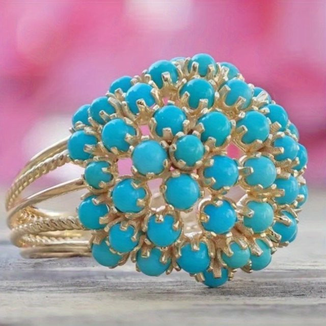 YoYo Ring, Imitationsperlen, Blau, Goldüberzug, Messing, Damen, Vintage - Bild 1