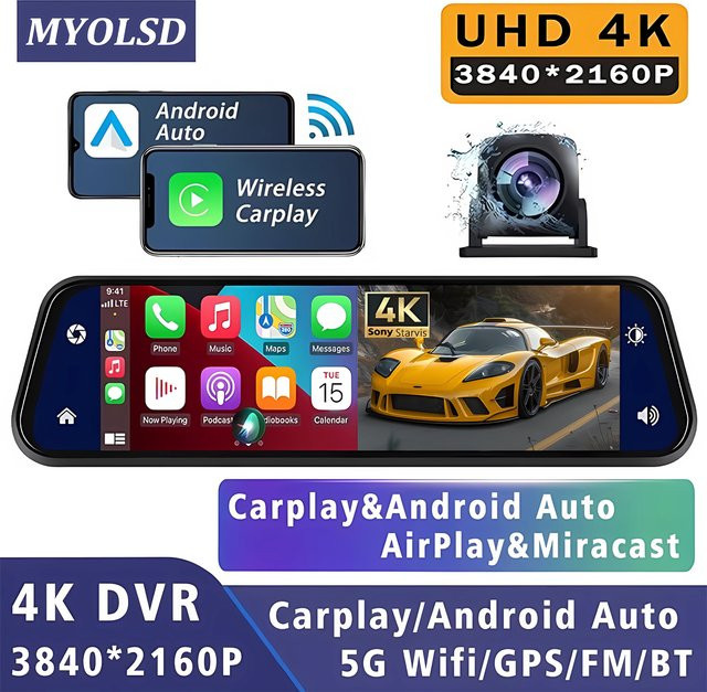 MYOLSD 10-Zoll 4K Dashcam mit Carplay und Android Auto, Dual-Objektiv, 5G WLAN, GPS, Bluetooth und FM, Streaming-Spiegel-Dashcam in Schwarz - Bild 1
