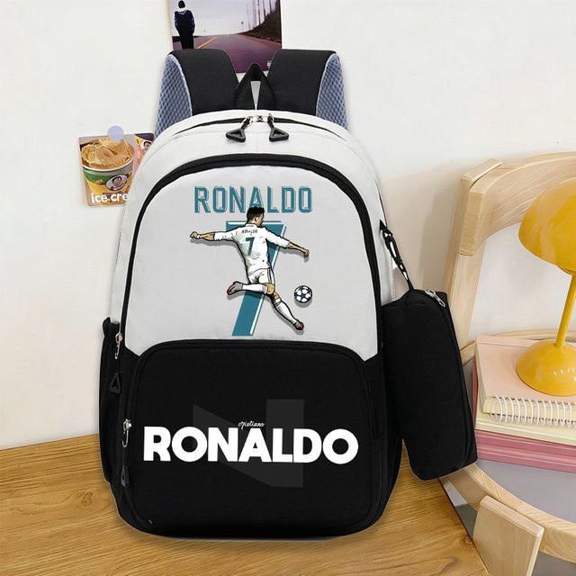 CR7 Rucksack und Federmäppchen-Set in Weiß für Kinder, 2er-Set Schulranzen und Stifttasche im Fußballstar-Design - Bild 1
