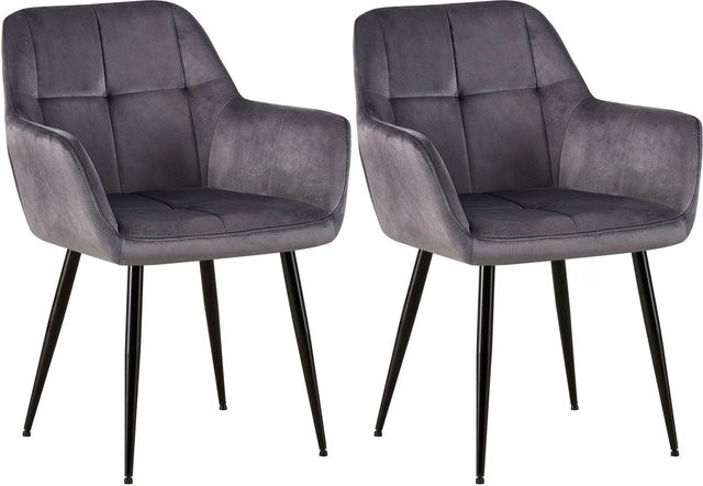 2er Set DELUKE POFAR Esszimmerstühle aus Samt in Grau mit Armlehnen, B/T/H: 56,5 x 61 x 84 cm - Bild 1