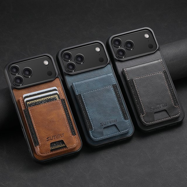 EUCAGR Luxus Kunstleder Stand Wallet Case für iPhone 17 Pro Max 16 Plus 16E 15 14 13 12 Pro Max Kartenhalter Handyhülle in Blau und Braun - Bild 1