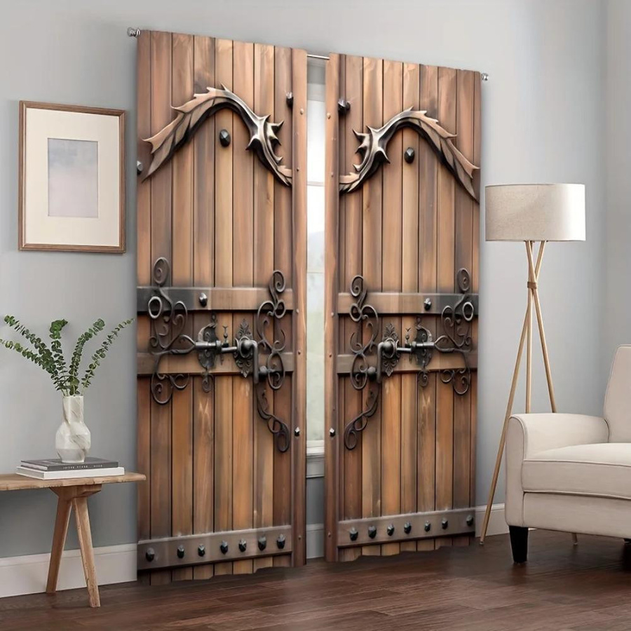 Yiran Furniture Vorhänge mit Holztürmuster in Braun, 2er-Set, semi-transparent, Polyester, B: 100 cm, H: 130 cm - Bild 1