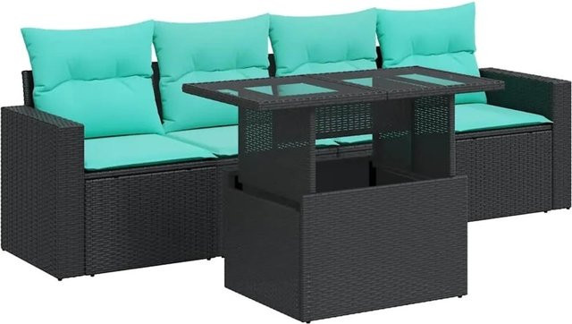 vidaXL 5-teilige Garten-Sofagarnitur in L-Form aus Polyrattan und Akazie mit Kissen in Schwarz - Bild 1