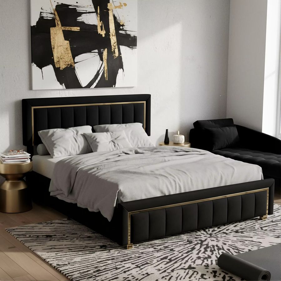 Polsterbett mit Samtbeschichtung und hydraulischem Stauraum in Schwarz mit Golden Edge, B/T: 140 x 200 cm - Bild 3