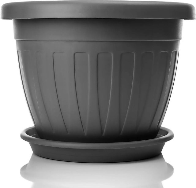 BigDean 3er Set Blumentöpfe Rund mit Untersetzer Anthrazit, wetterfester Pflanzkübel aus bruchsicherem Kunststoff, Durchmesser: 50 cm, Höhe: 38 cm - Bild 1