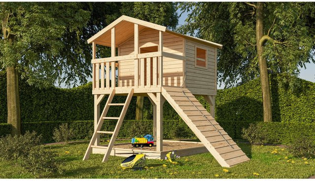 Karibu Stelzenhaus Benjamin Holzrampe Naturbelassen, B/H/T: 198 x 309 x 244 cm, Natur-Braun - Bild 1