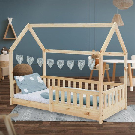 ML-Design Kinderbett Hausbett aus Kiefernholz mit Dach, Rausfallschutz und Lattenrost, B/T/H: 160 x 80 x 132 cm, Farben: Grau/Braun