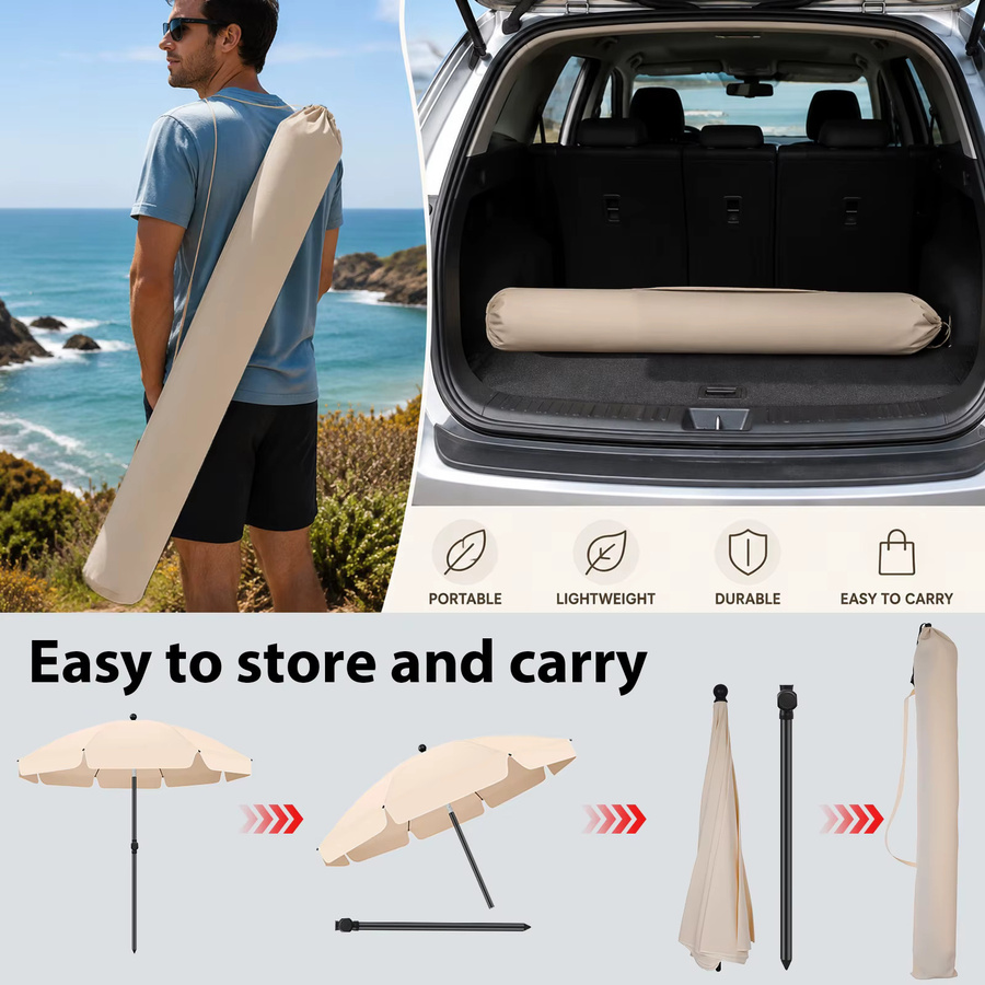 HGTUGO Sonnenschirm Beige, 2m Doppelschichtiger Outdoor-Sonnenschutz für Strand, Camping und Garten, Wasserdicht mit zentralem Mast - Bild 4