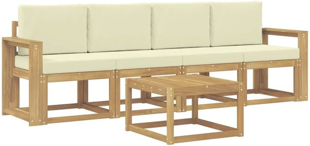 vidaXL Outdoor-Sofagarnitur 5-teilig aus Akazienholz mit Kissen in Weiß und Beige - Bild 1