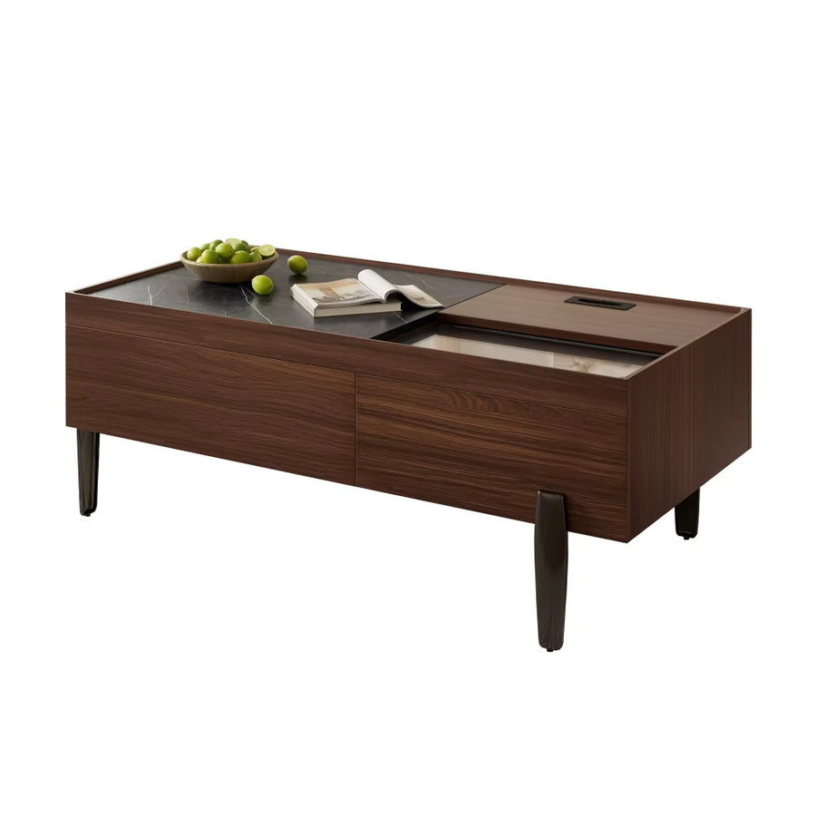 Ye Moderner Couchtisch mit Glasplatte und Schubladen in Dunkelbraun mit Holzmaserung und Metallbeinen - Bild 2