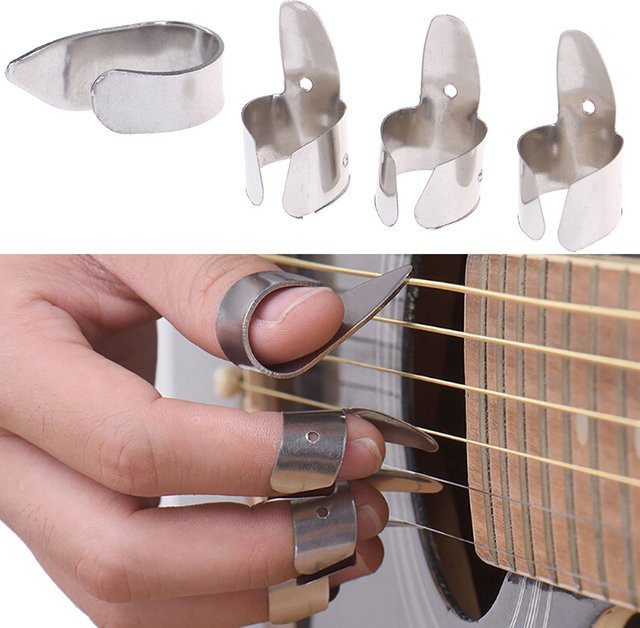 Marbit Gitarrenzubehör Set mit 4 Stück Metallschiebern und Fingerplektren in Silber - Bild 1