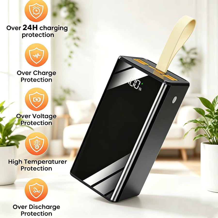InTessry 66W Schnellladegerät Powerbank mit 100000mAh, Schwarz, 4 USB-Ausgänge und 3 Eingänge (Typ-C, Micro, Lightning), inklusive LED-Display und Taschenlampe - Bild 7