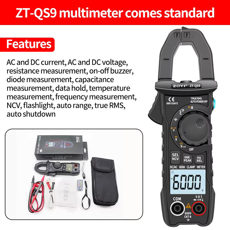 ZOYI Digitales Zangenmessgerät 600A True RMS Smart-Zangenamperemeter in Schwarz mit Auto-Range-Funktion, Multimeter für DC/AC Spannung, Hz, Ohm und NCV Tester - Bild 2