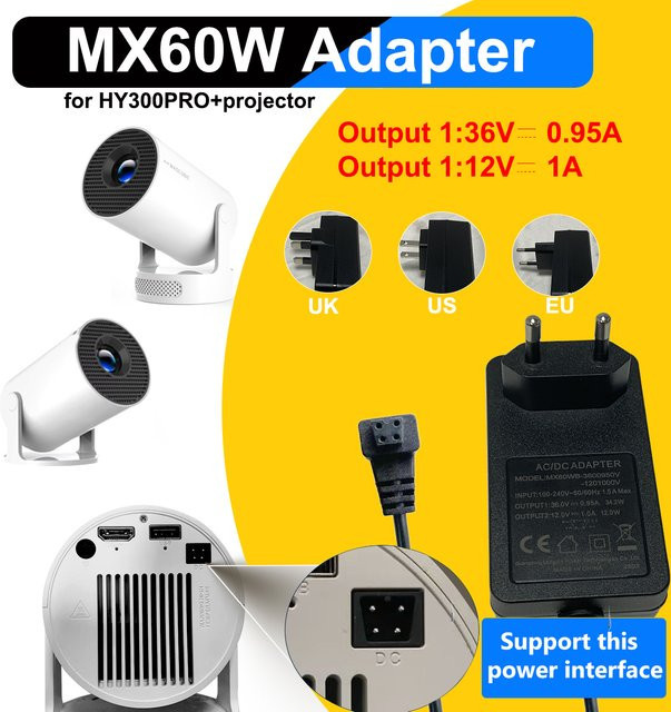 DITONG MX60W Netzteil in Schwarz für HY300Pro+ Projektor, 36V/0,95A & 12V/1A - Bild 1