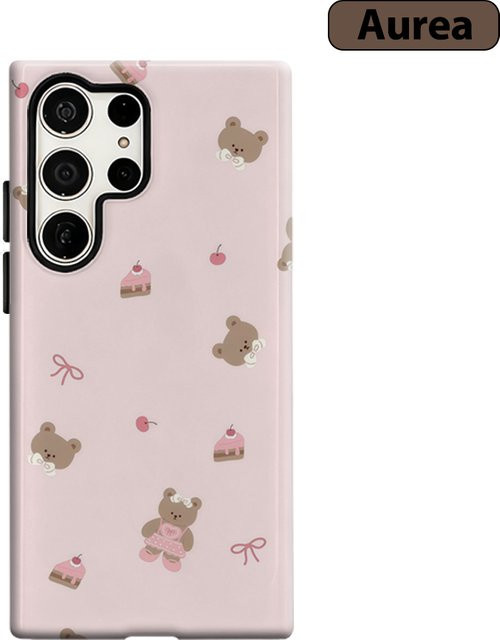 Stoßfeste Doppelschicht Handyhülle mit Teddybär- und Dessert-Muster für Samsung Galaxy S25 Ultra, S24 und S23 Ultra Plus in Pink - Bild 1