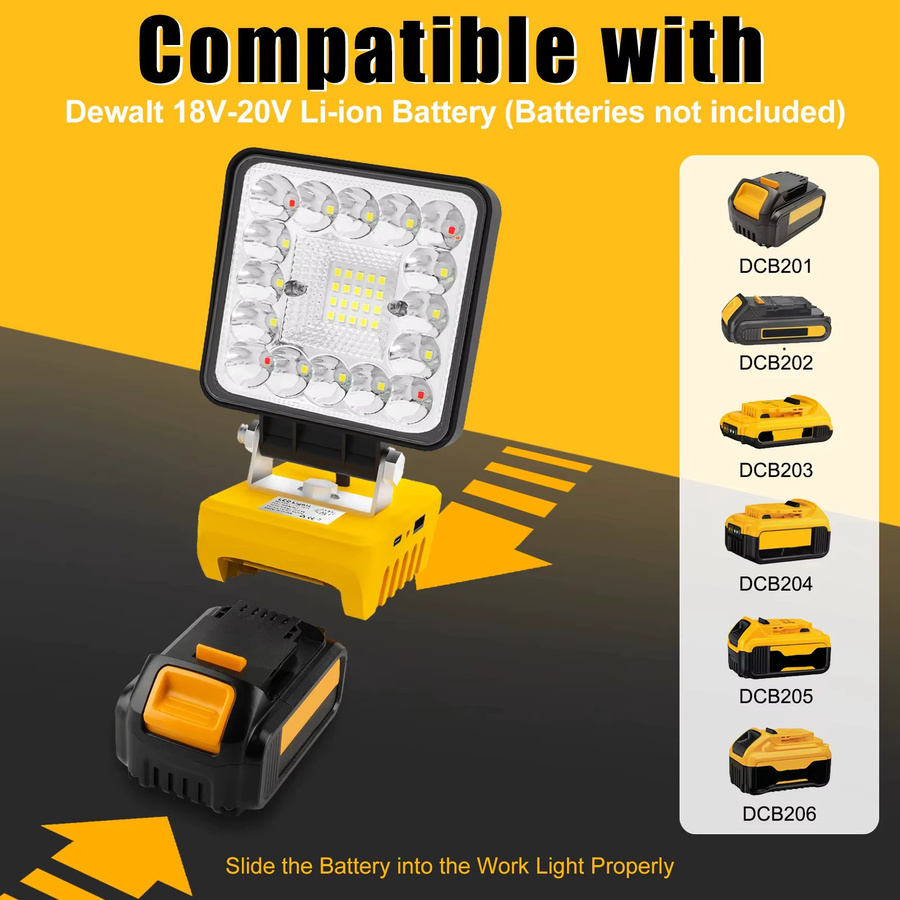 T-SUNRISE LED-Arbeitsleuchte 48W mit 36 LEDs und 5000 Lumen, gelbe wiederaufladbare LED-Flutlichtlampe kompatibel mit DeWalt Li-Ionen-Akkus - Bild 5