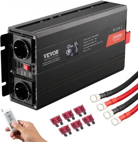 VEVOR Wechselrichter mit reiner Sinuswelle 2000W DC 12V zu AC 230V Spannungswandler in Schwarz mit 2 AC-Steckdosen, 2 USB-Anschlüssen, 1 Typ-C-Anschluss, LCD-Display und Fernbedienung - Bild 1